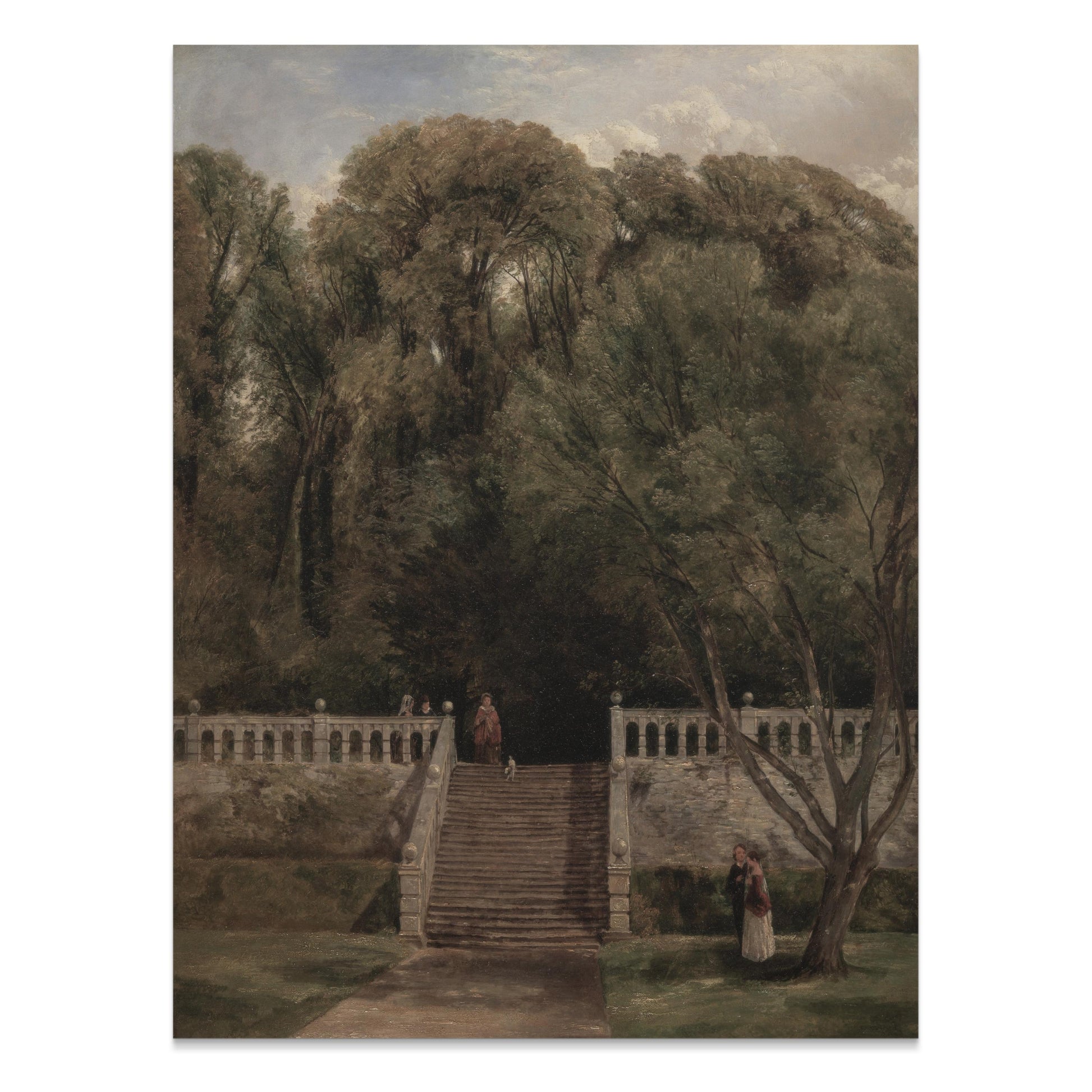 Premium Poster of Serene Forest Garden Stairs with Cloudy Sky Posters