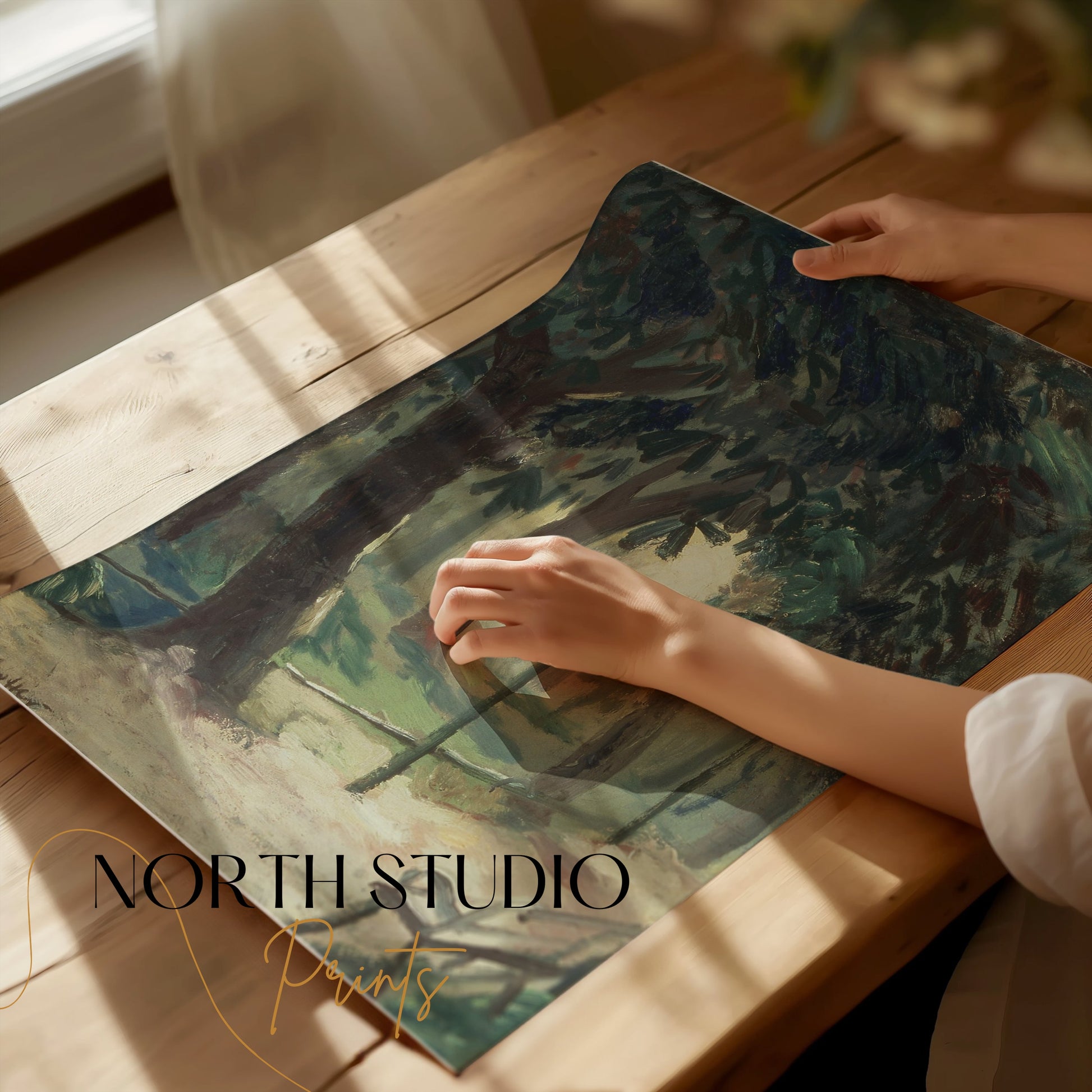 Premium Poster of Serene Forest Pathway with Benches Art Posters