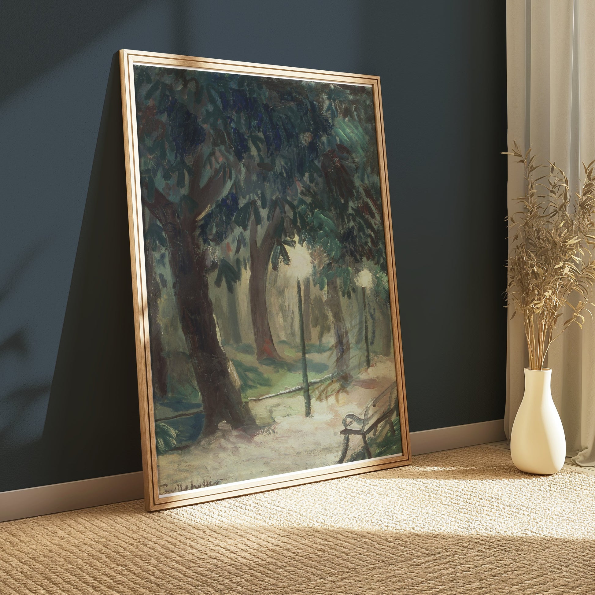 Premium Poster of Serene Forest Pathway with Benches Art Posters