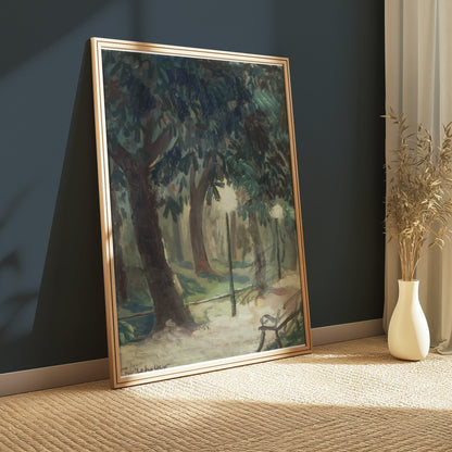 Premium Poster of Serene Forest Pathway with Benches Art Posters