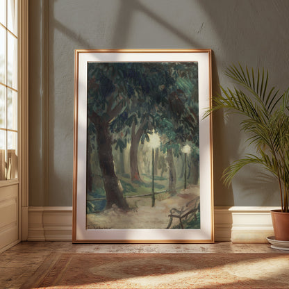 Premium Poster of Serene Forest Pathway with Benches Art Posters
