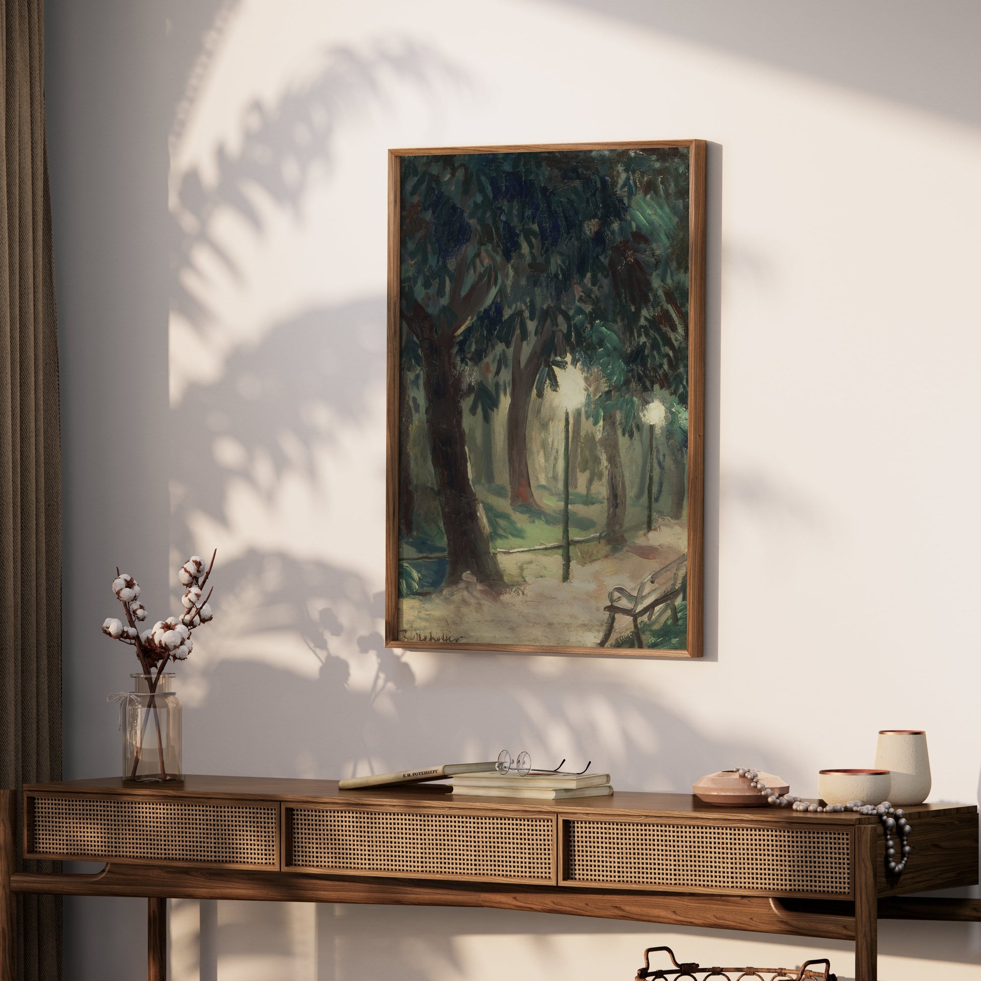 Premium Poster of Serene Forest Pathway with Benches Art Posters