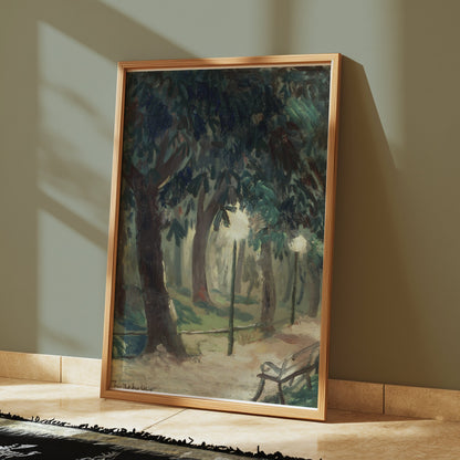 Premium Poster of Serene Forest Pathway with Benches Art Posters