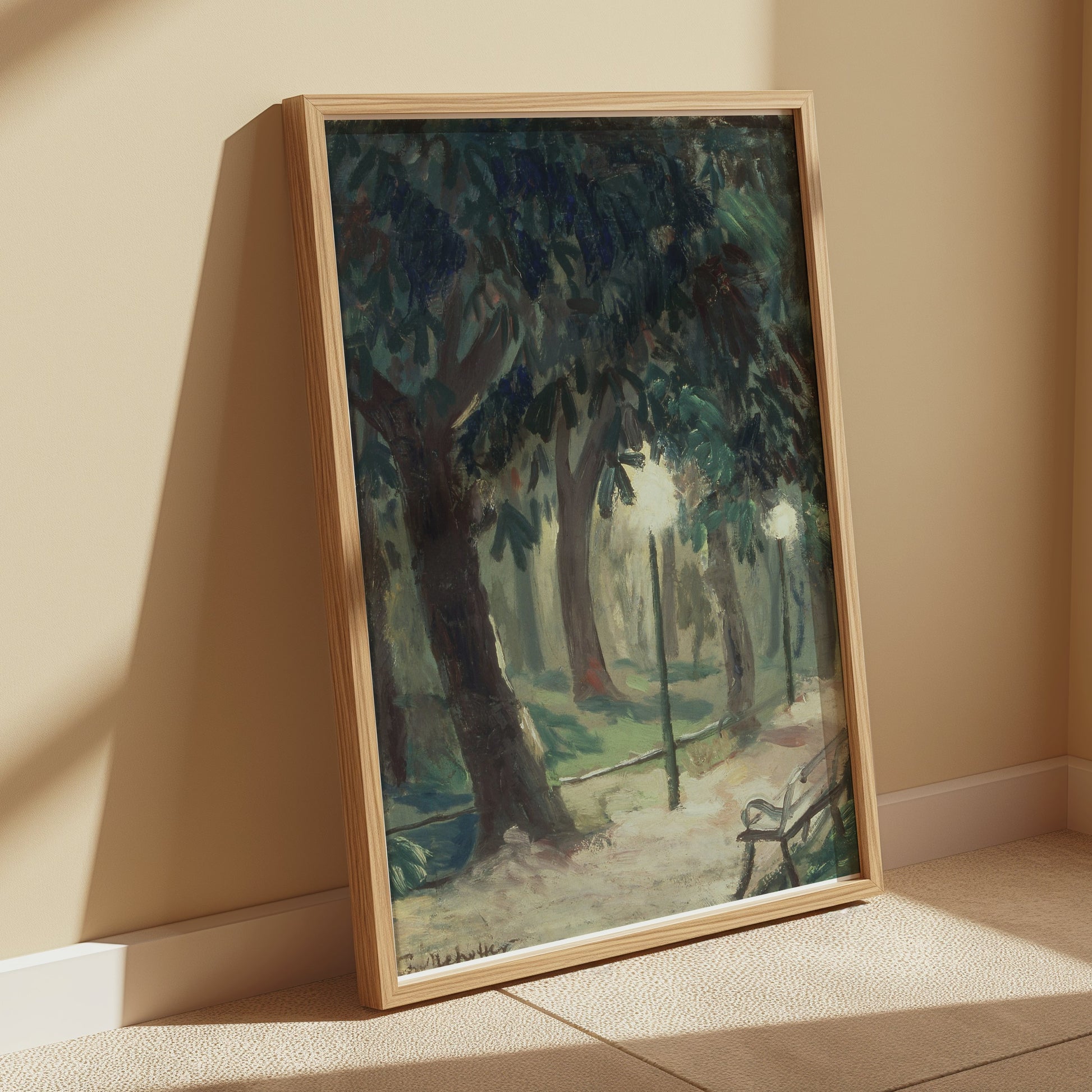Premium Poster of Serene Forest Pathway with Benches Art Posters