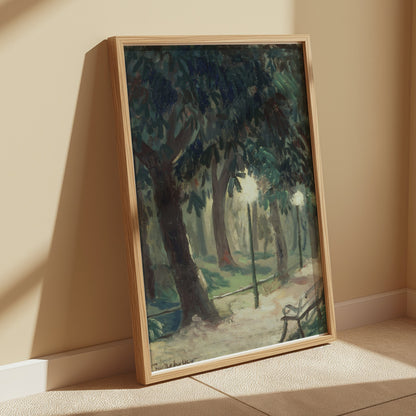 Premium Poster of Serene Forest Pathway with Benches Art Posters