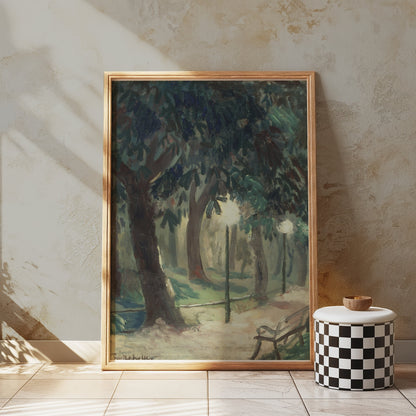 Premium Poster of Serene Forest Pathway with Benches Art Posters