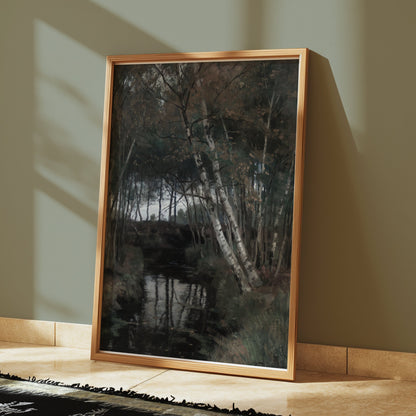 Premium Poster of Serene Forest Stream with Birch Trees Posters