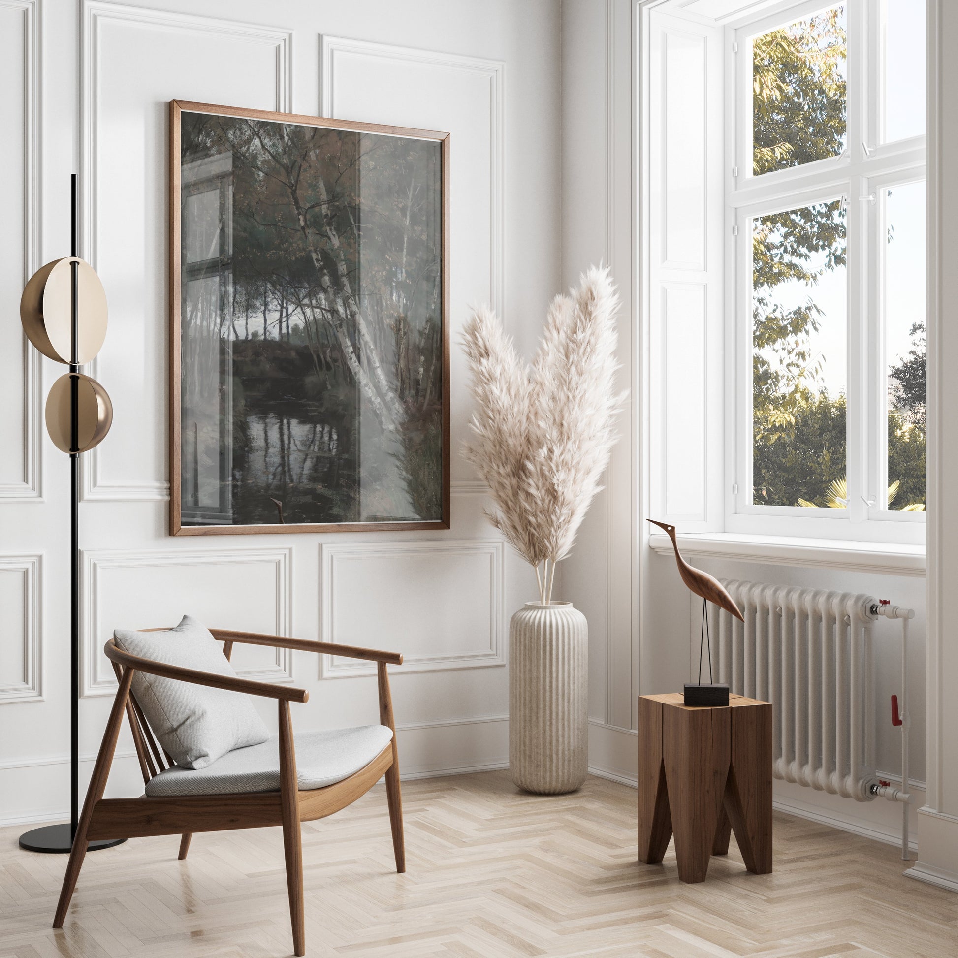 Premium Poster of Serene Forest Stream with Birch Trees Posters