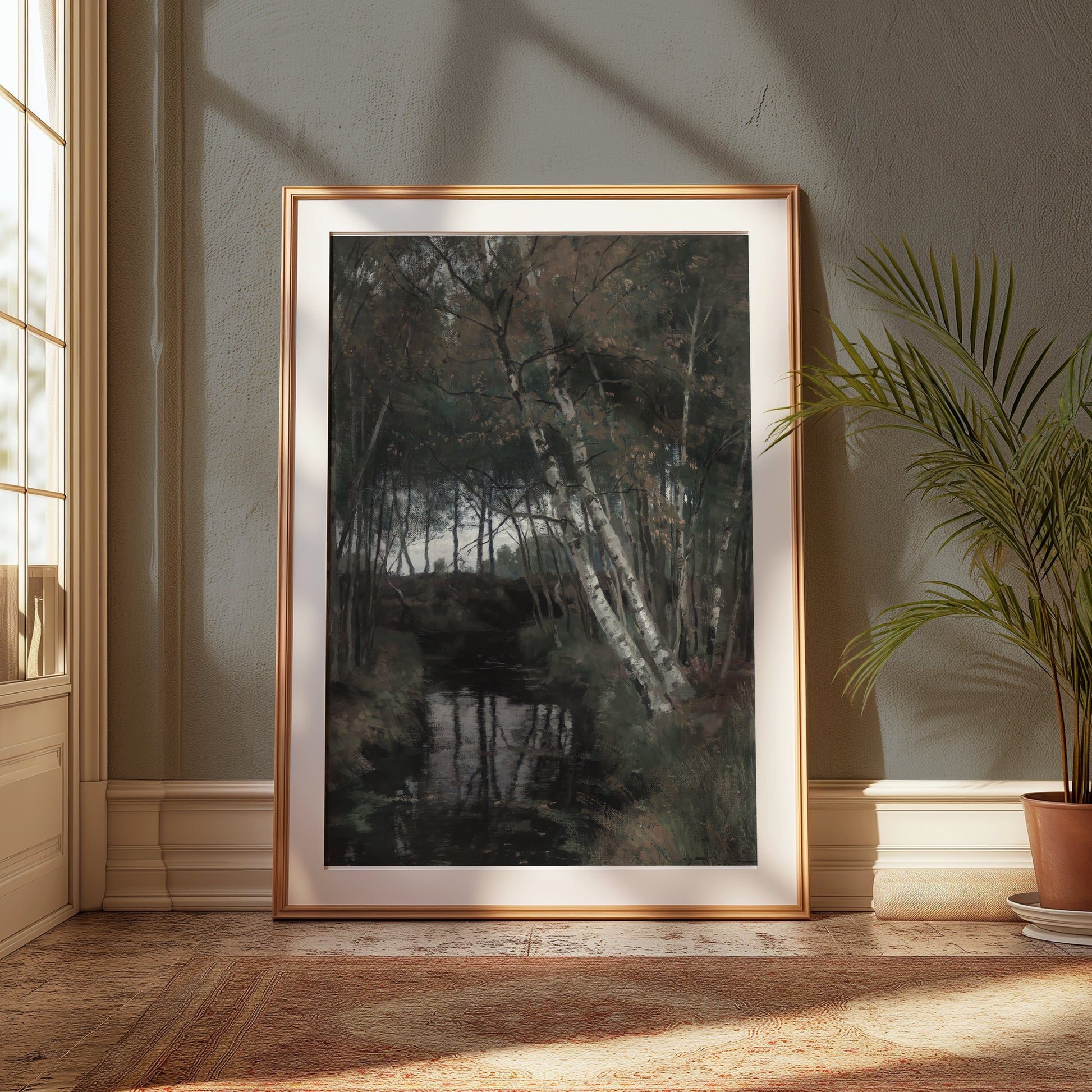 Premium Poster of Serene Forest Stream with Birch Trees Posters