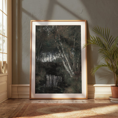 Premium Poster of Serene Forest Stream with Birch Trees Posters