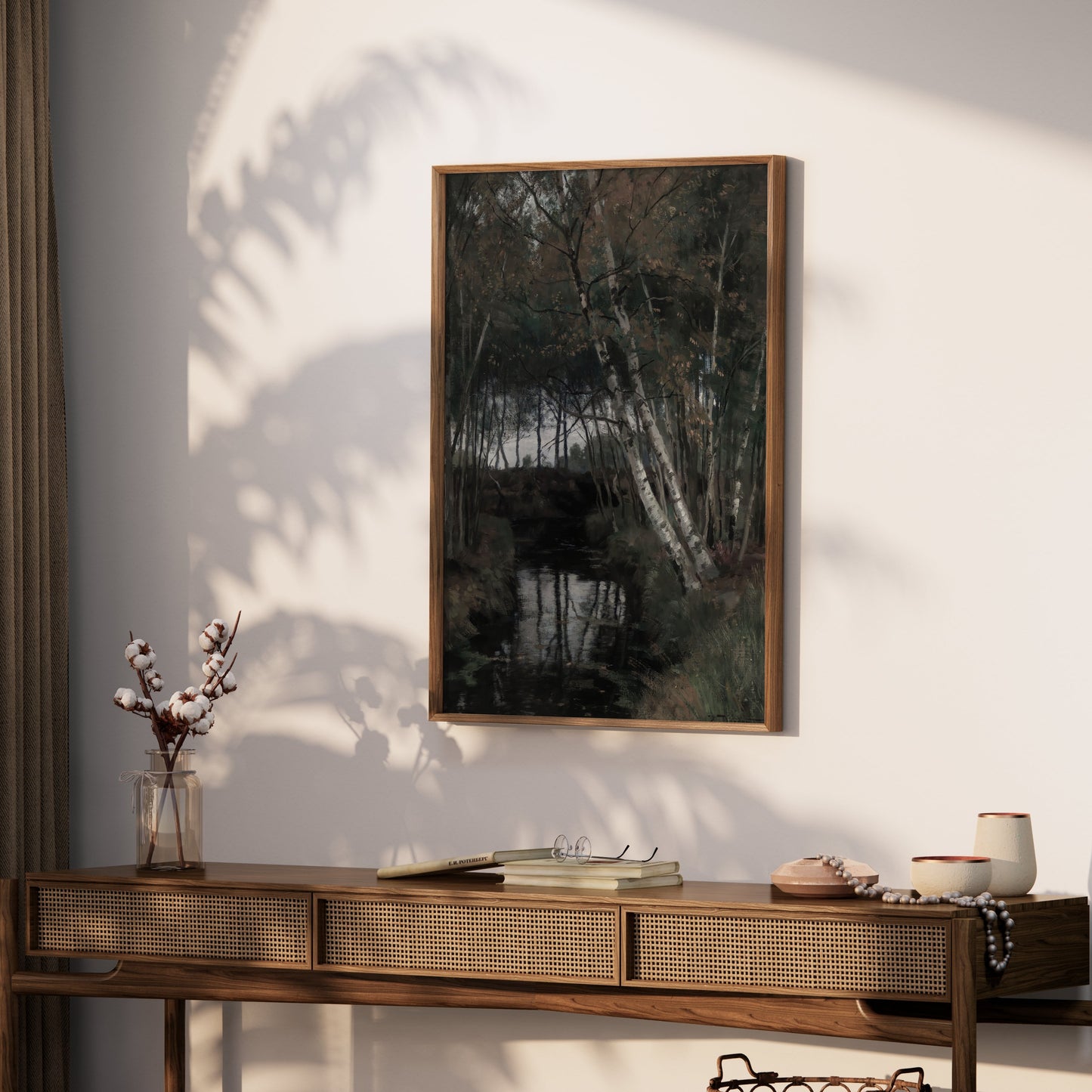 Premium Poster of Serene Forest Stream with Birch Trees Posters