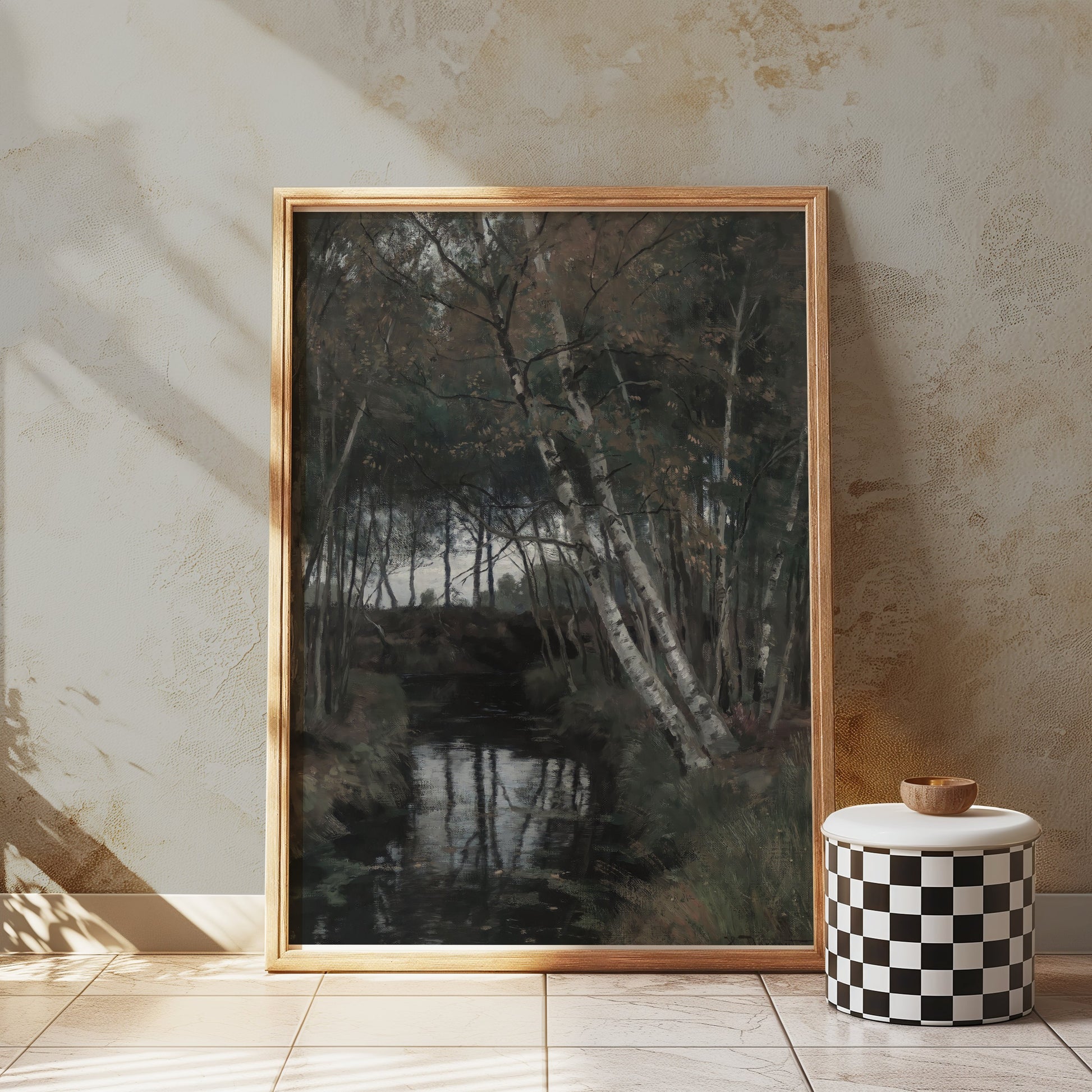 Premium Poster of Serene Forest Stream with Birch Trees Posters