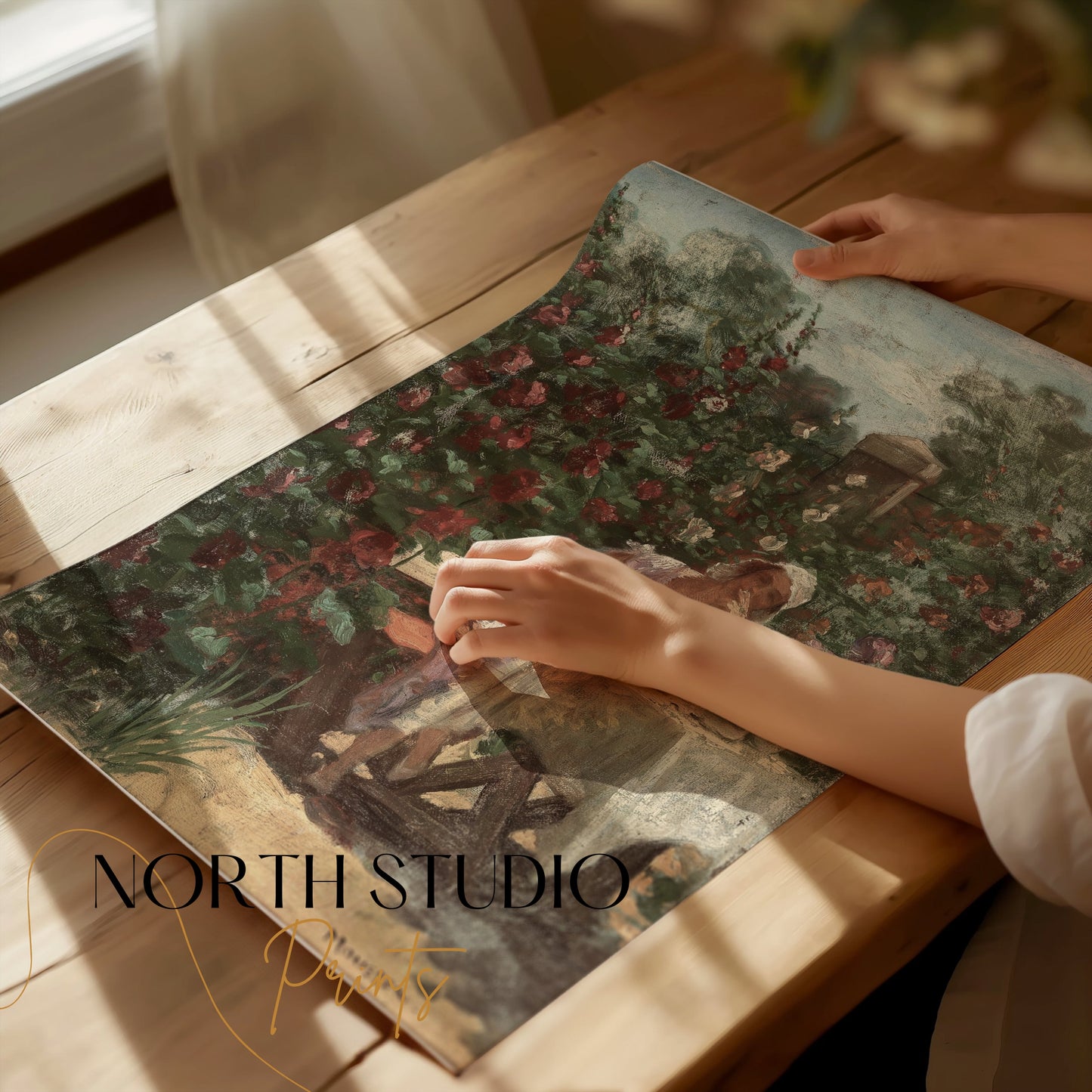 Premium Poster of Serene Garden Lady in Pink Dress Beautiful Art Posters