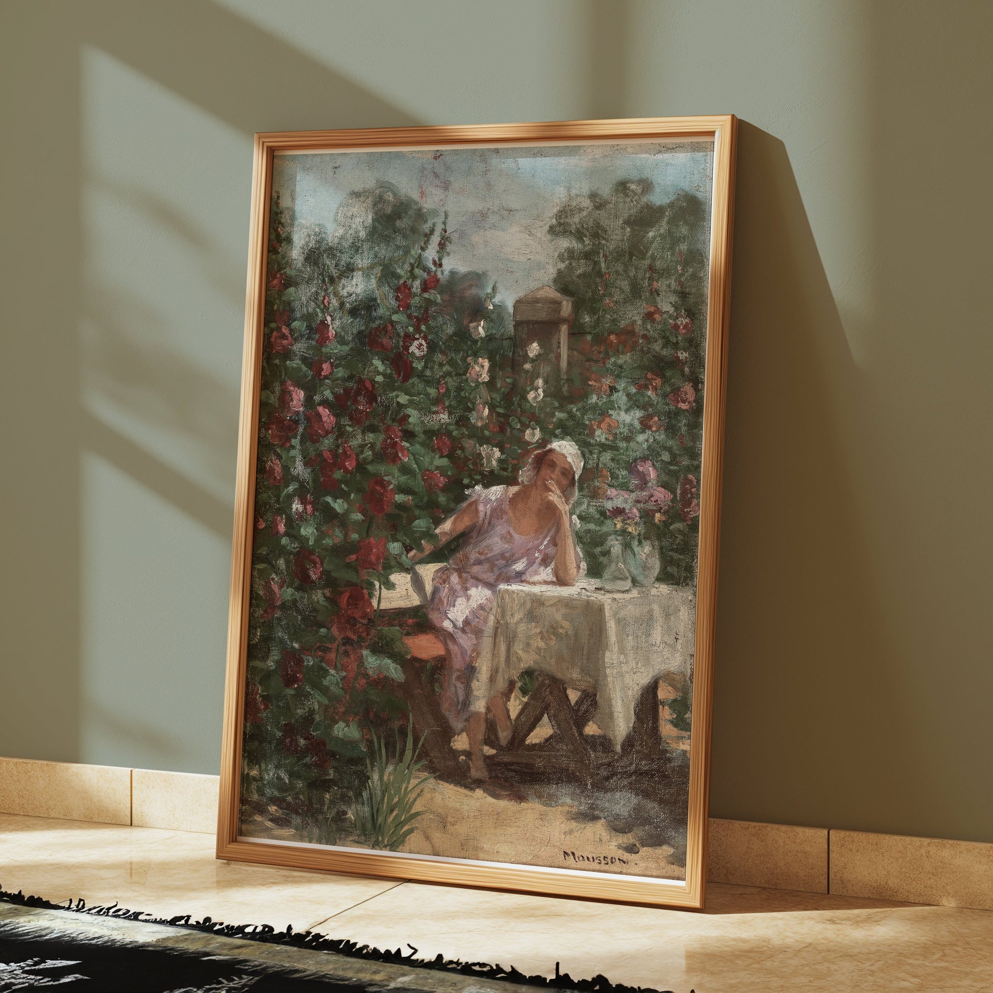 Premium Poster of Serene Garden Lady in Pink Dress Beautiful Art Posters