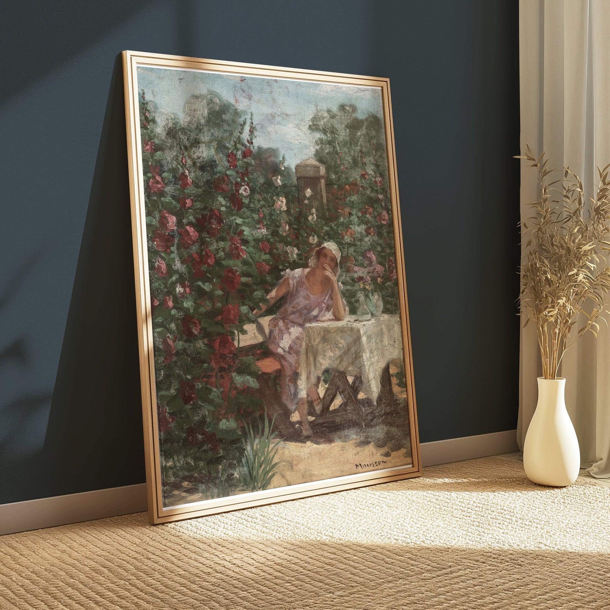 Premium Poster of Serene Garden Lady in Pink Dress Beautiful Art Posters