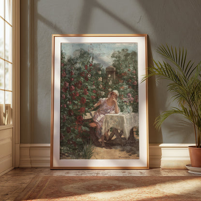 Premium Poster of Serene Garden Lady in Pink Dress Beautiful Art Posters