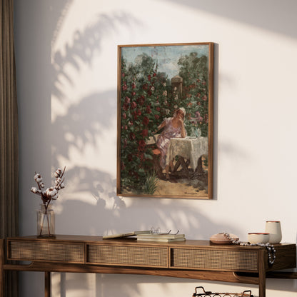 Premium Poster of Serene Garden Lady in Pink Dress Beautiful Art Posters