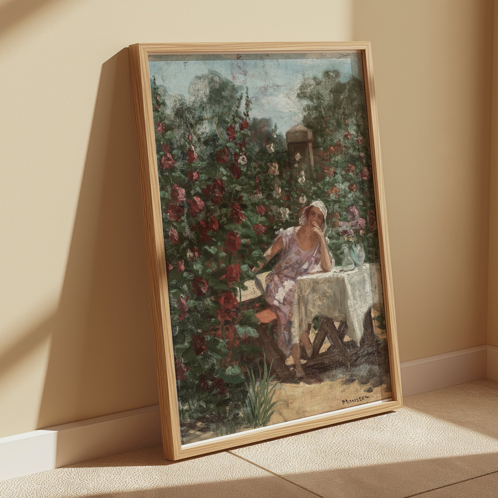 Premium Poster of Serene Garden Lady in Pink Dress Beautiful Art Posters