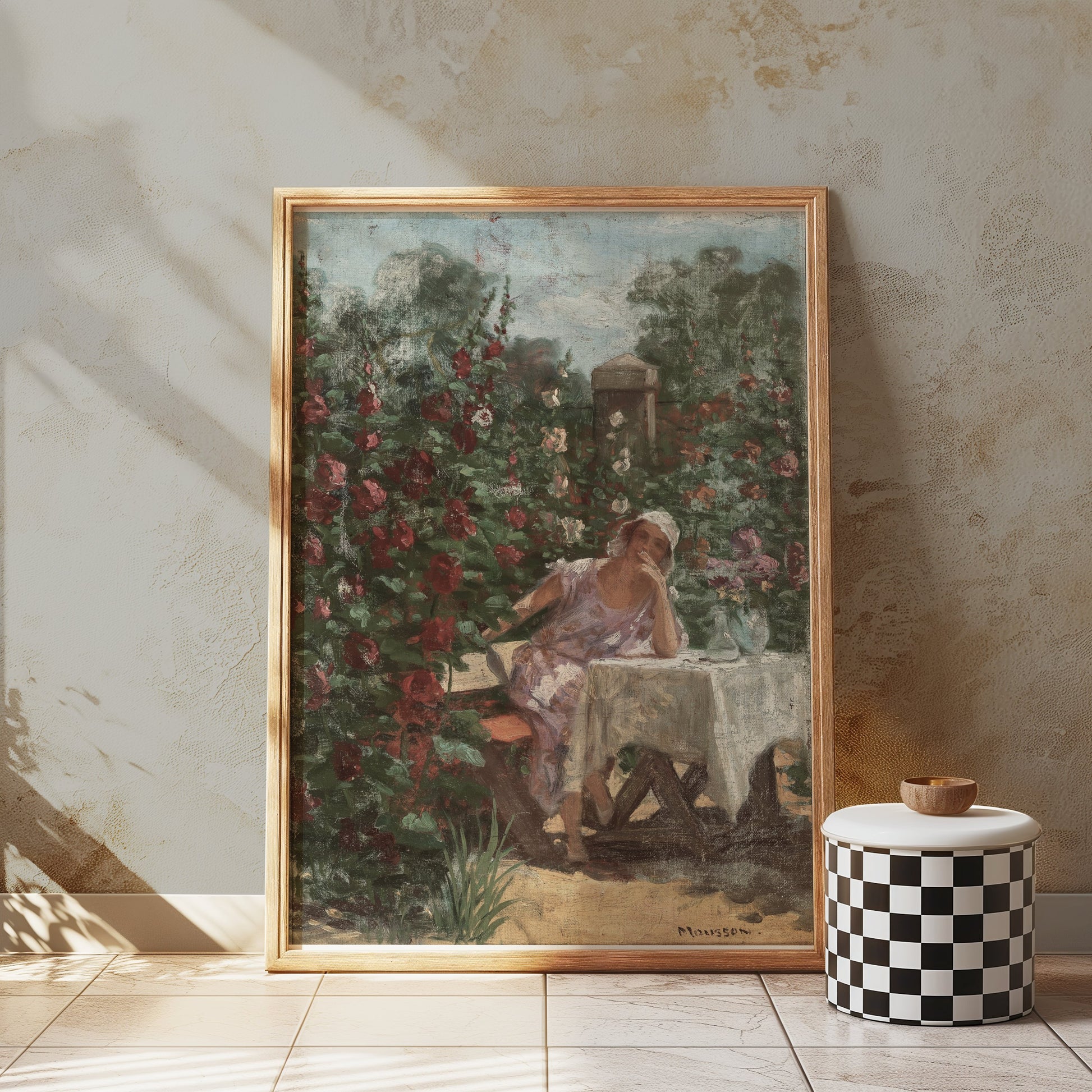 Premium Poster of Serene Garden Lady in Pink Dress Beautiful Art Posters