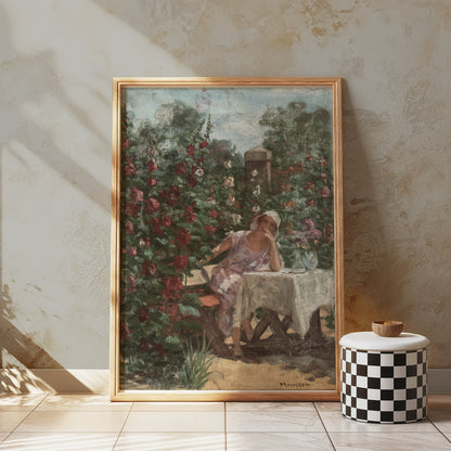 Premium Poster of Serene Garden Lady in Pink Dress Beautiful Art Posters