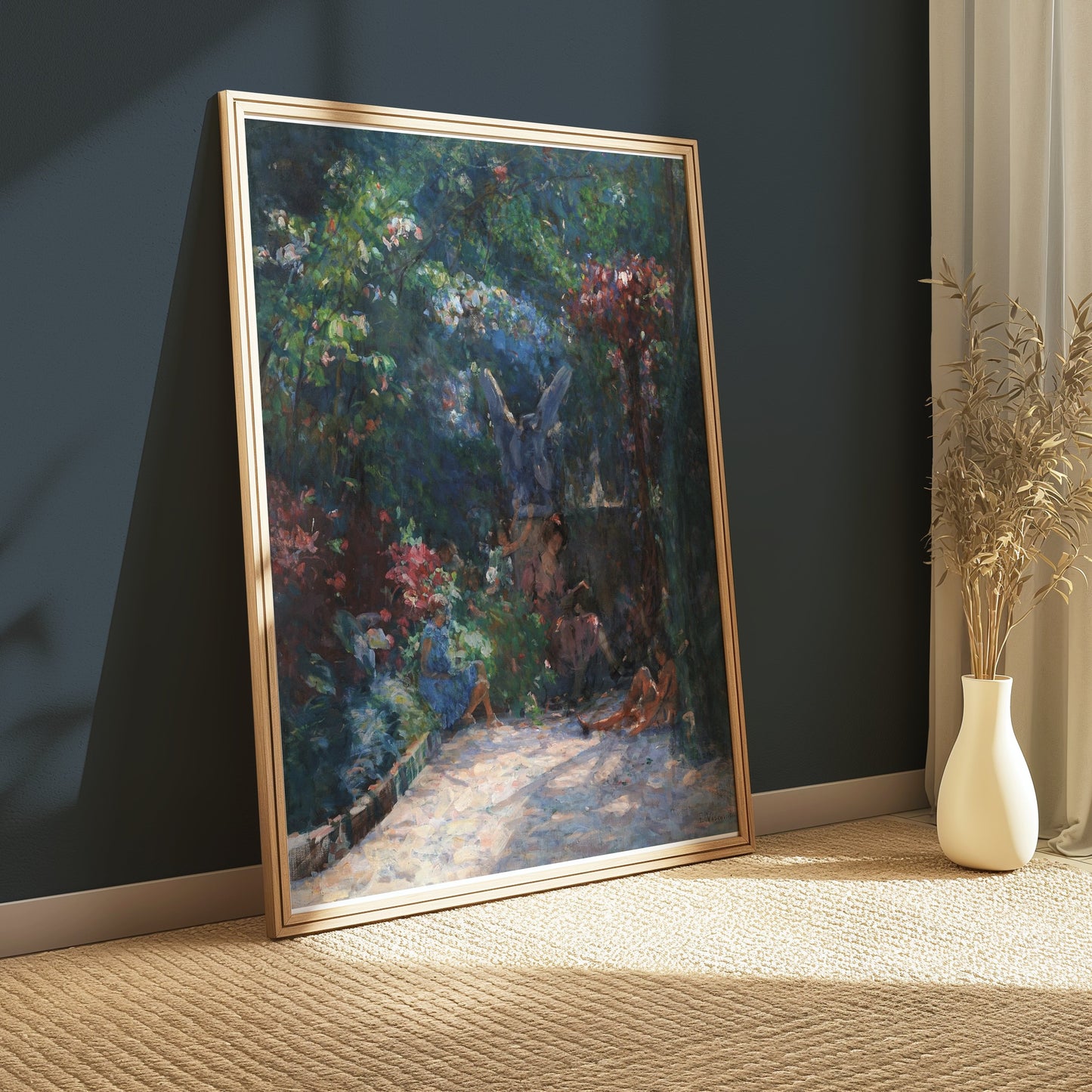 Premium Poster of Serene Garden Scene with Angel Statues Posters