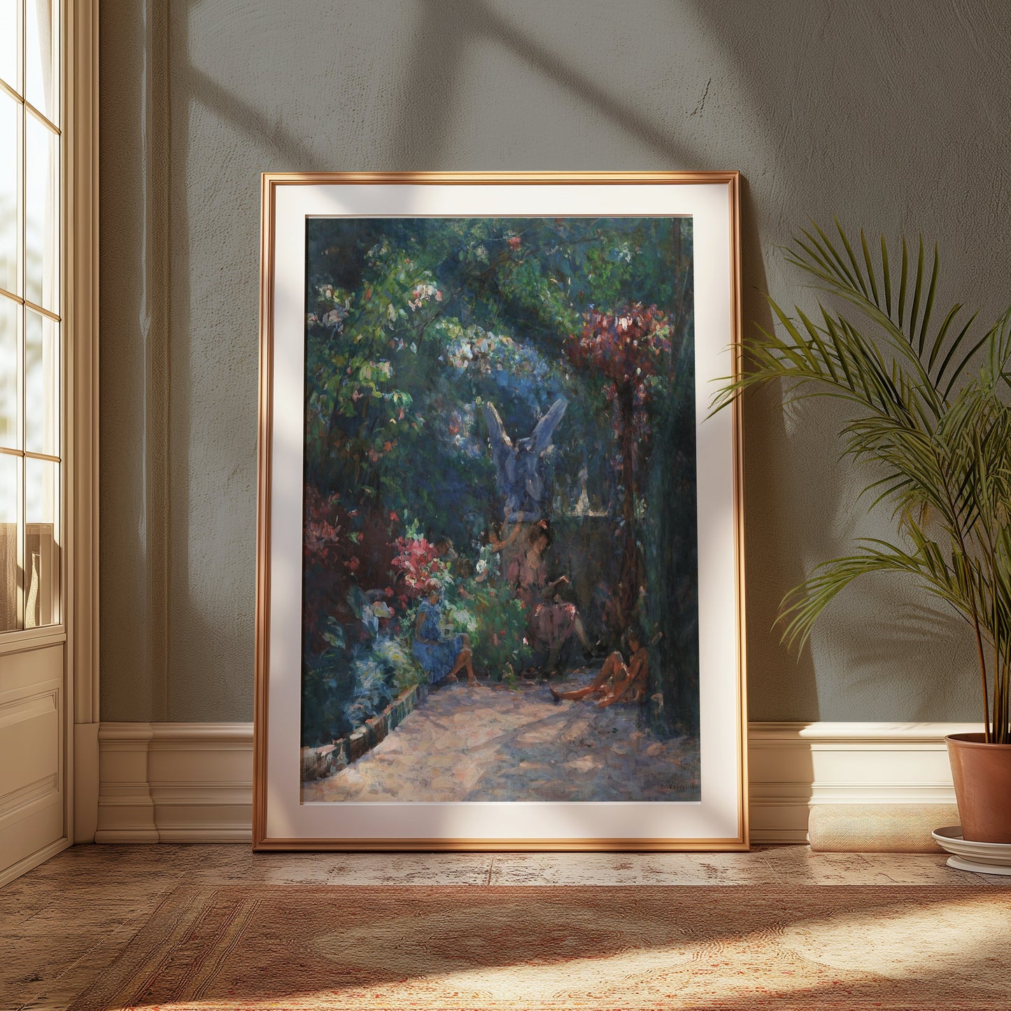 Premium Poster of Serene Garden Scene with Angel Statues Posters