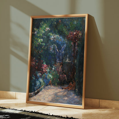 Premium Poster of Serene Garden Scene with Angel Statues Posters