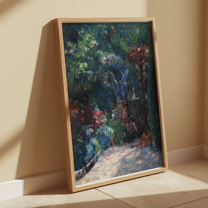 Premium Poster of Serene Garden Scene with Angel Statues Posters