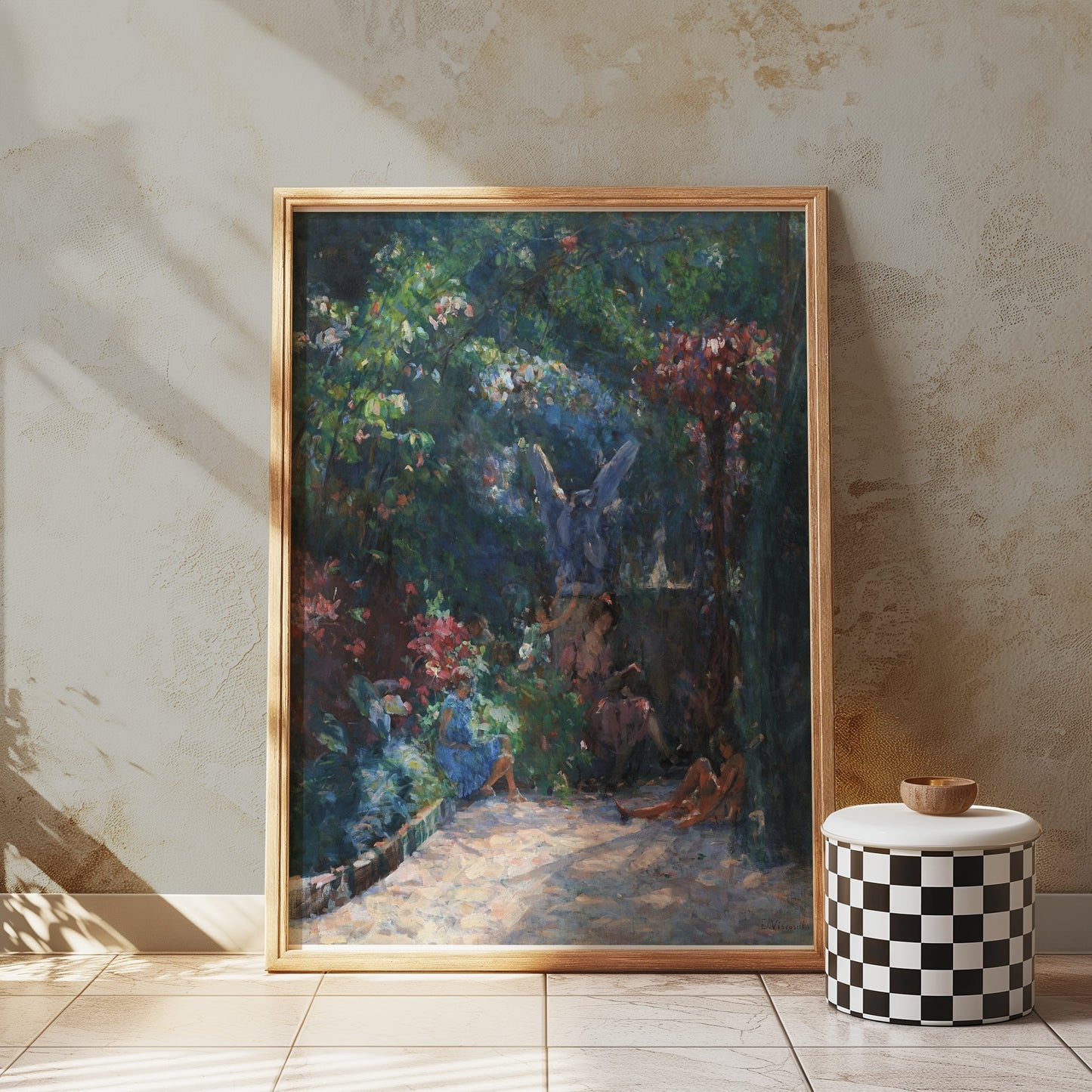 Premium Poster of Serene Garden Scene with Angel Statues Posters