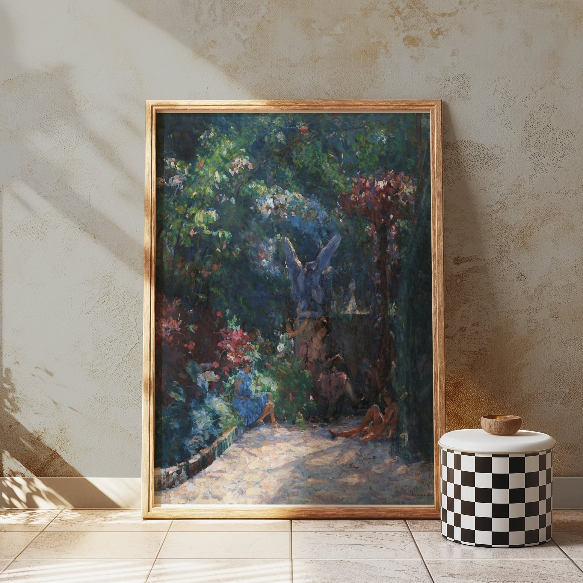 Premium Poster of Serene Garden Scene with Angel Statues Posters
