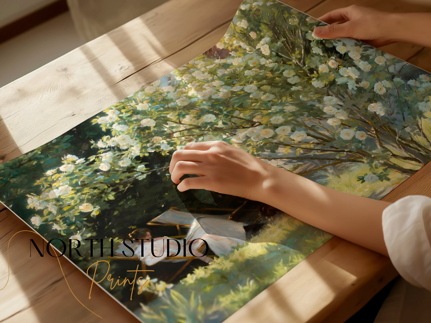 Premium Poster of Serene Garden View with Blossoming Tree Posters