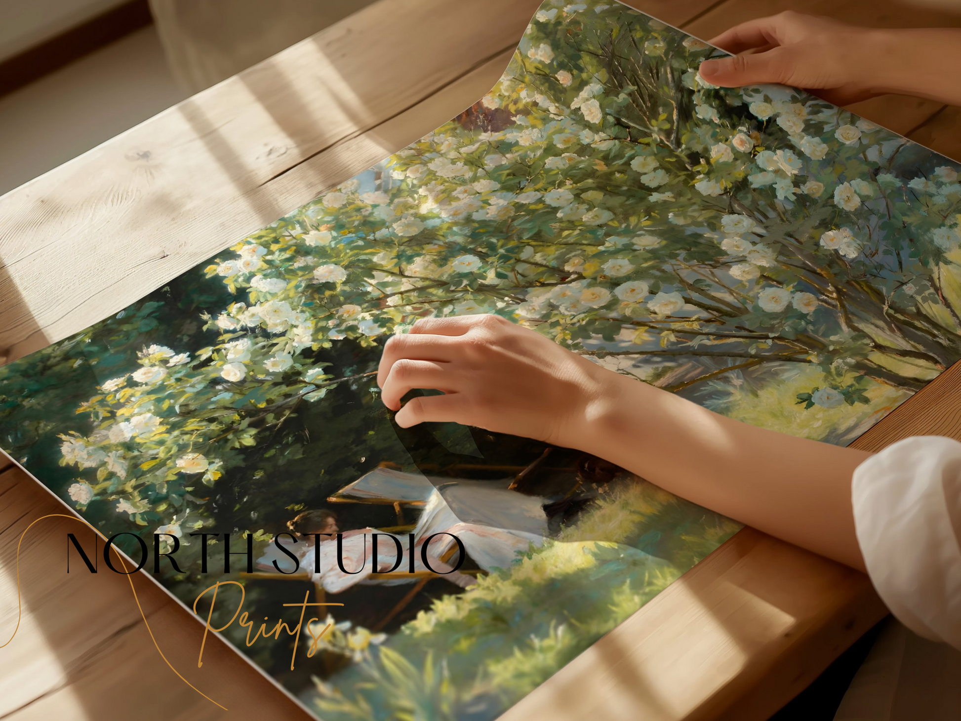 Premium Poster of Serene Garden View with Blossoming Tree Posters