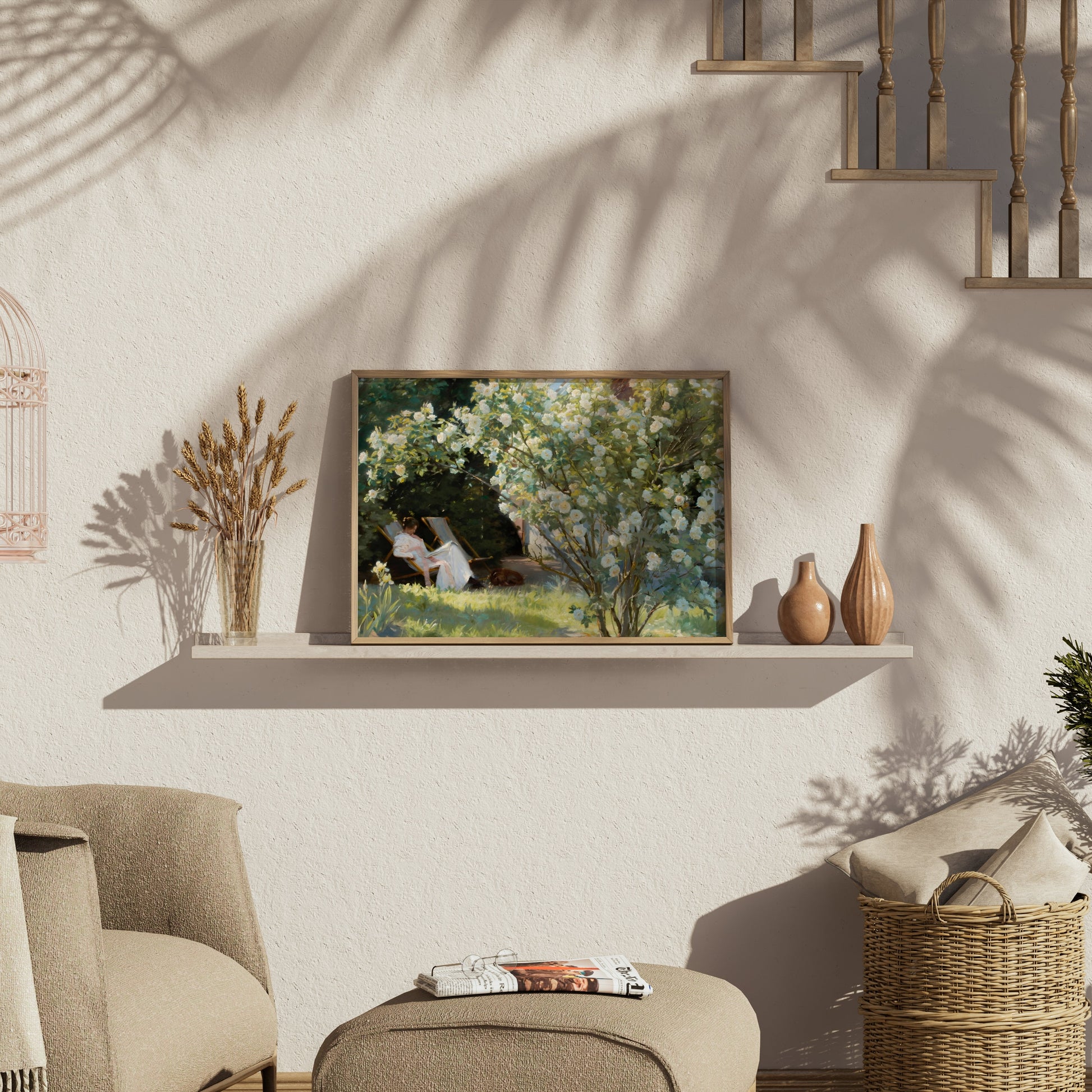 Premium Poster of Serene Garden View with Blossoming Tree Posters