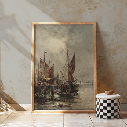 Premium Poster of Serene Harbor with Sailing Ships Vintage Art Posters