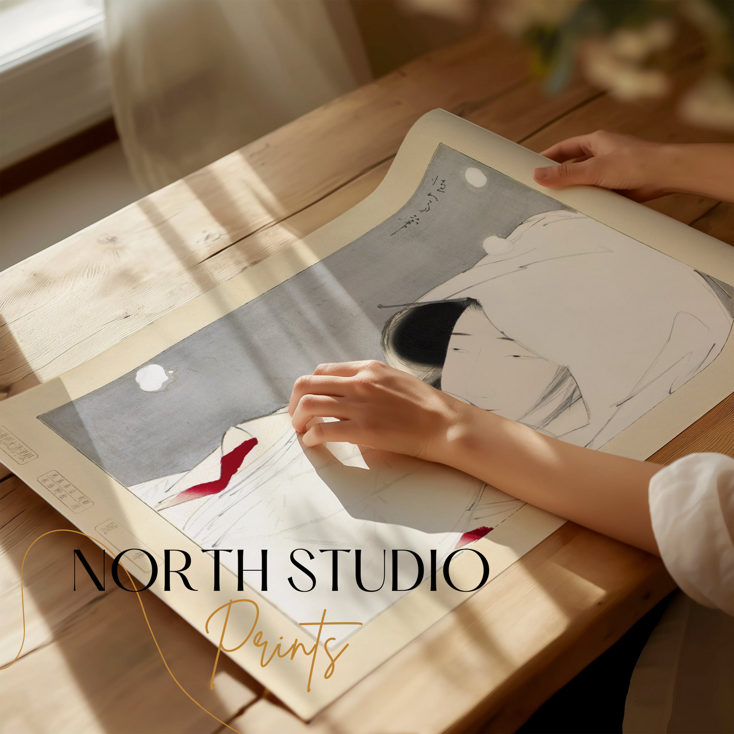 Premium Poster of Serene Japanese Woman Adorned in White Traditional Posters