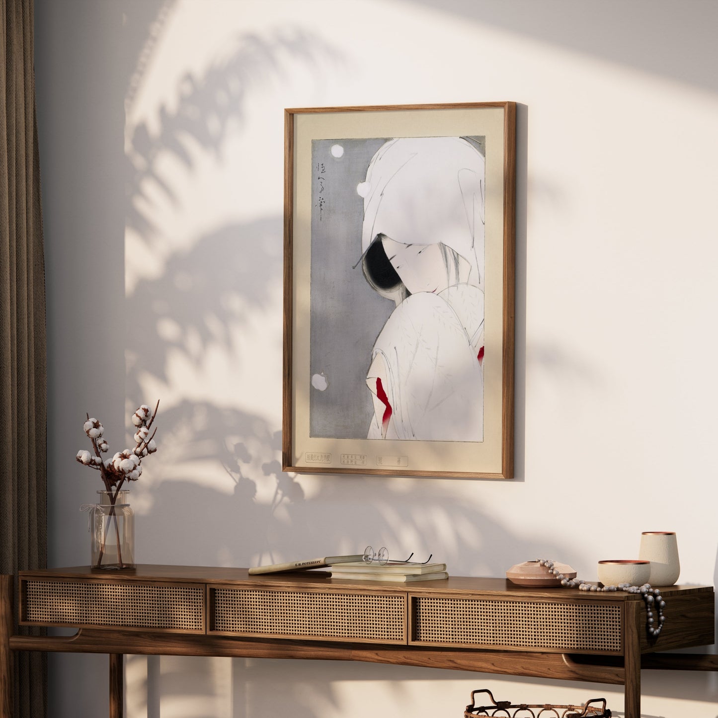 Premium Poster of Serene Japanese Woman Adorned in White Traditional Posters