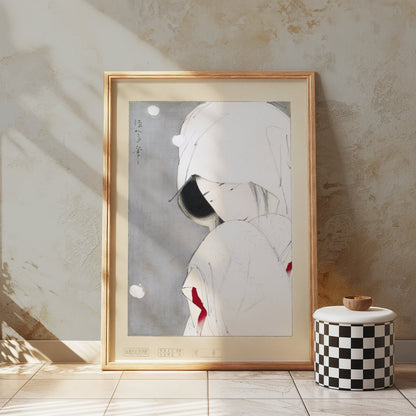 Premium Poster of Serene Japanese Woman Adorned in White Traditional Posters
