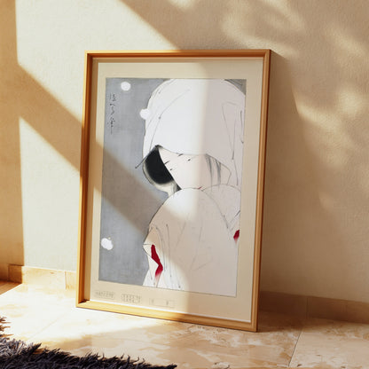 Premium Poster of Serene Japanese Woman Adorned in White Traditional Posters