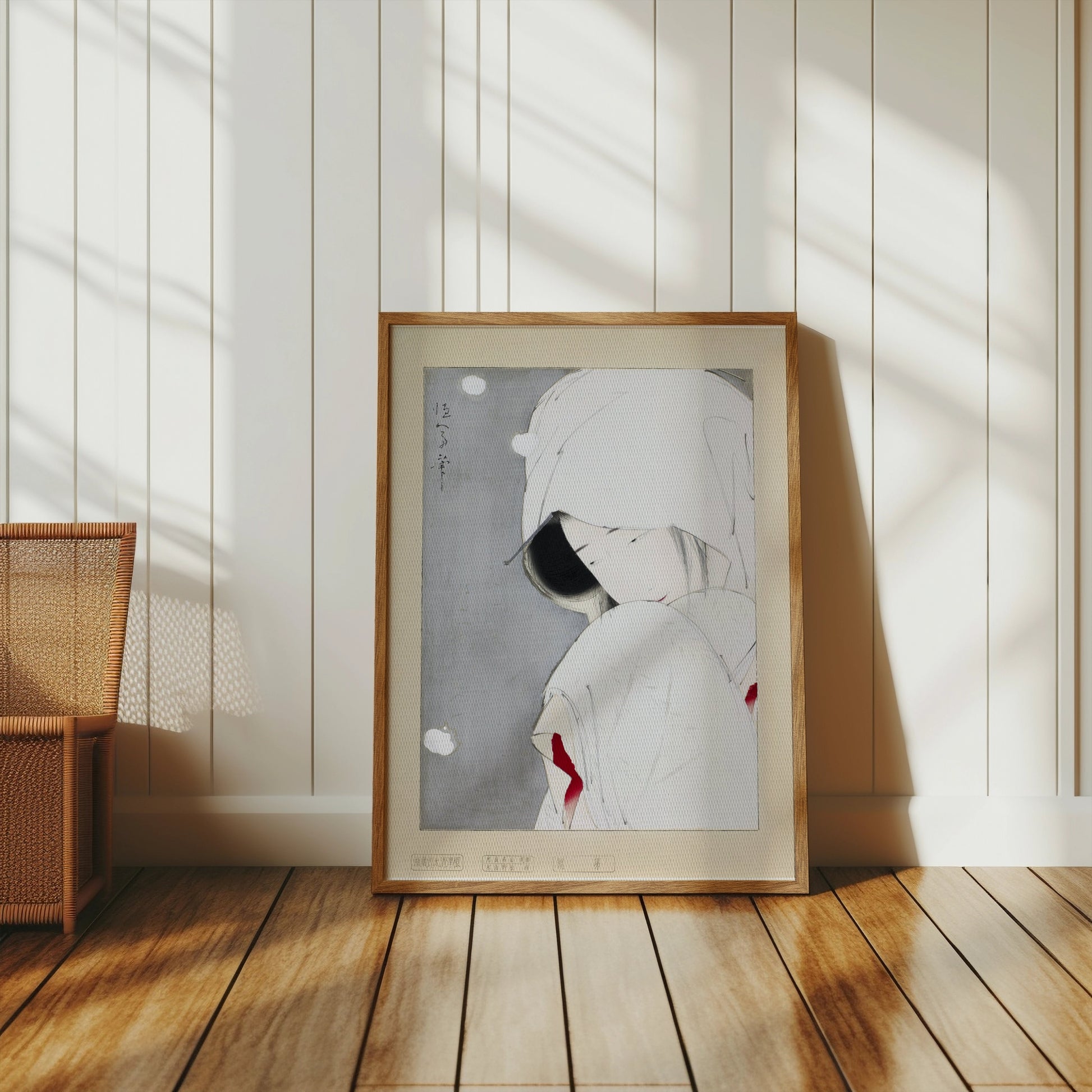 Premium Poster of Serene Japanese Woman Adorned in White Traditional Posters