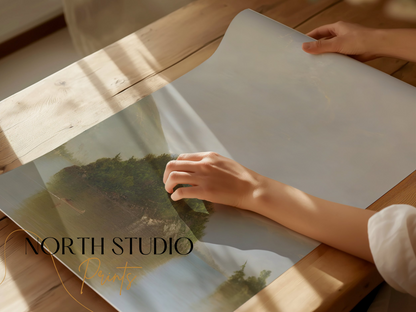 Premium Poster of Serene Lake with Island and Mountains Posters