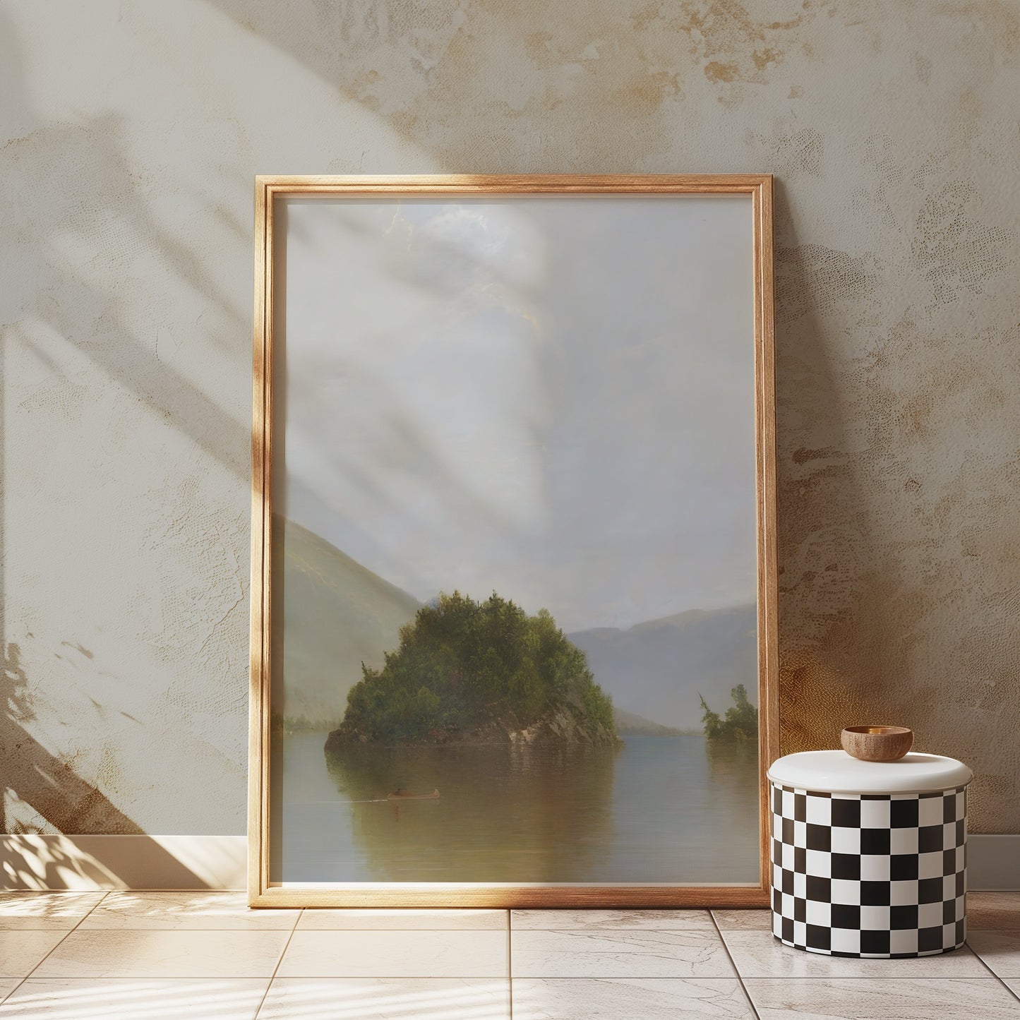 Premium Poster of Serene Lake with Island and Mountains Posters