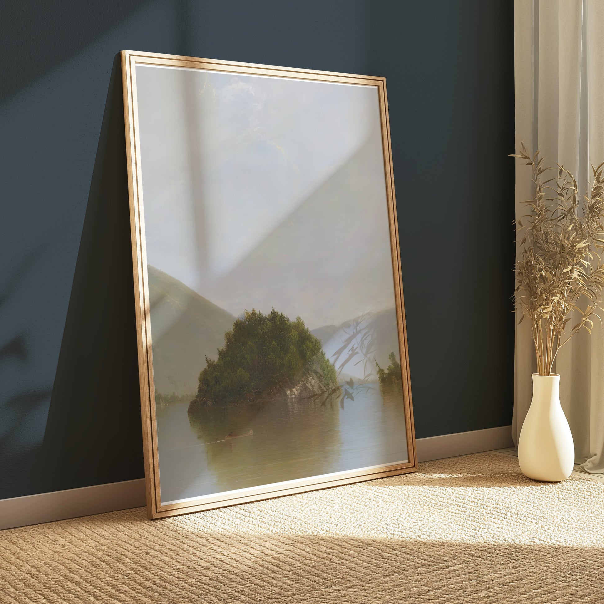 Premium Poster of Serene Lake with Island and Mountains Posters