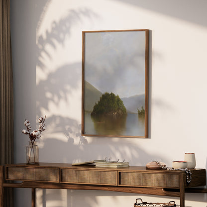 Premium Poster of Serene Lake with Island and Mountains Posters