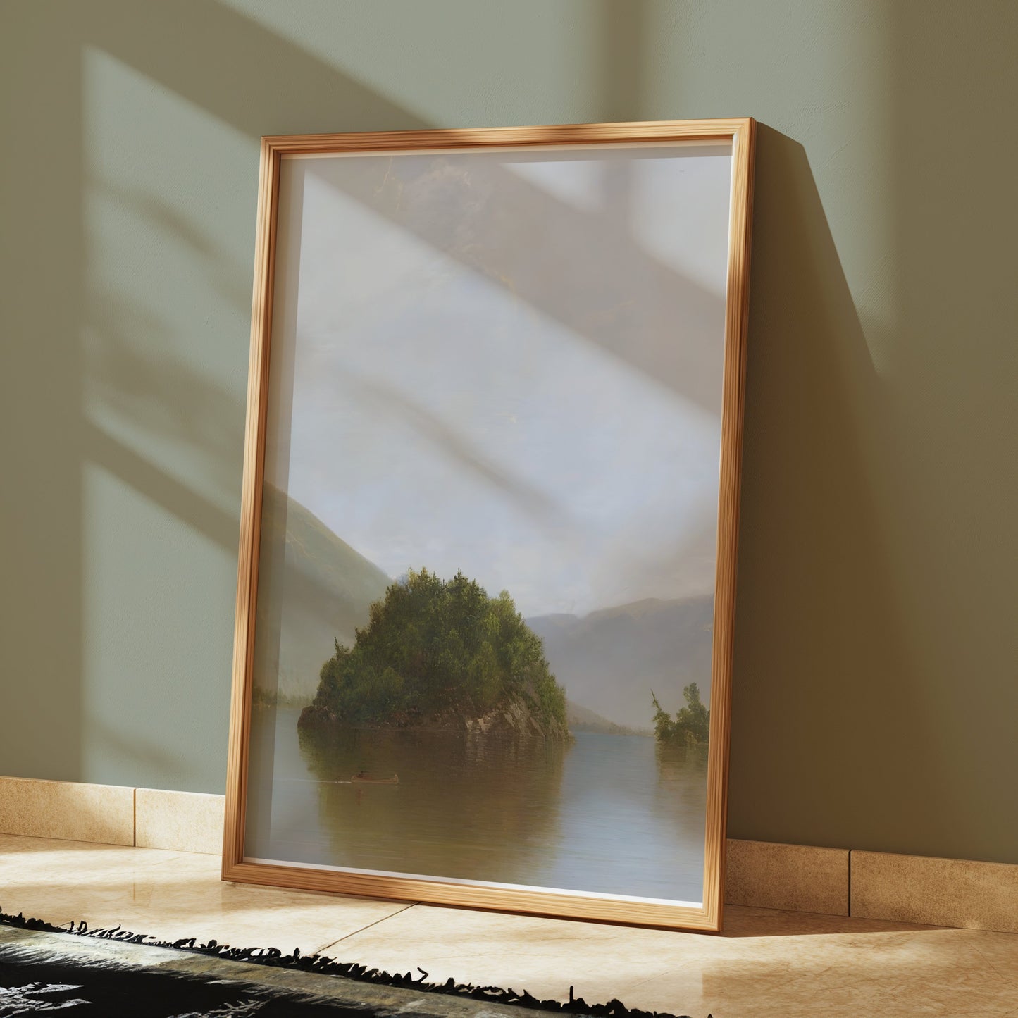 Premium Poster of Serene Lake with Island and Mountains Posters