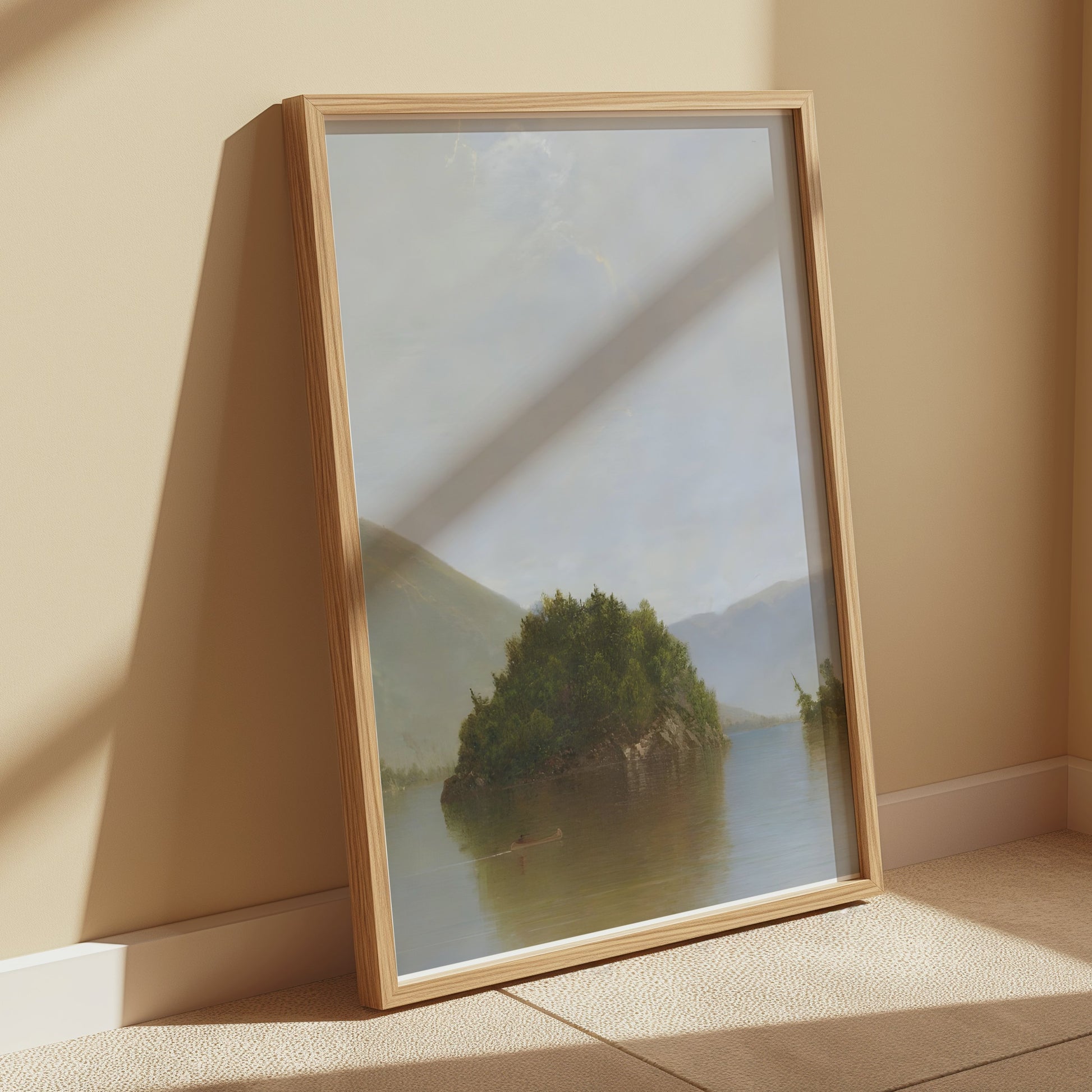 Premium Poster of Serene Lake with Island and Mountains Posters