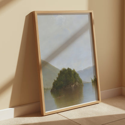 Premium Poster of Serene Lake with Island and Mountains Posters