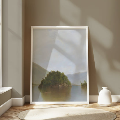 Premium Poster of Serene Lake with Island and Mountains Posters