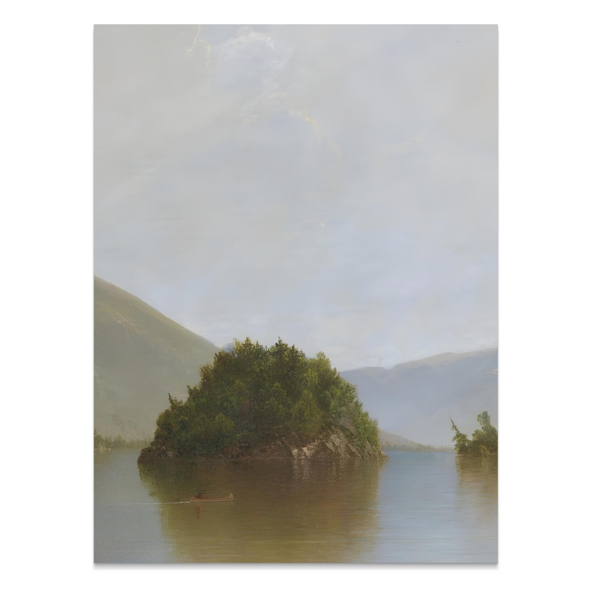 Premium Poster of Serene Lake with Island and Mountains Posters