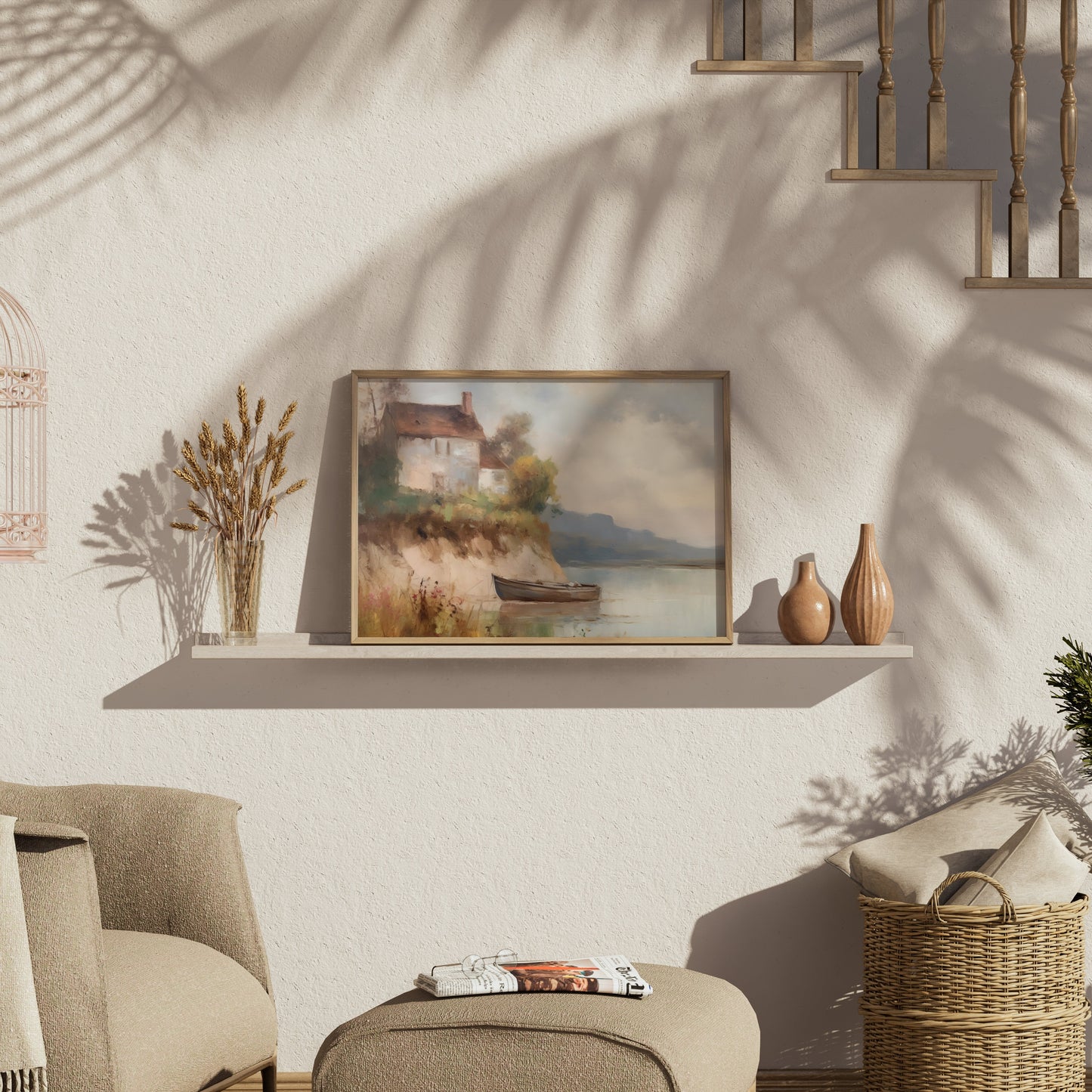 Premium Poster of Serene Lakeside House with Boat Art Posters