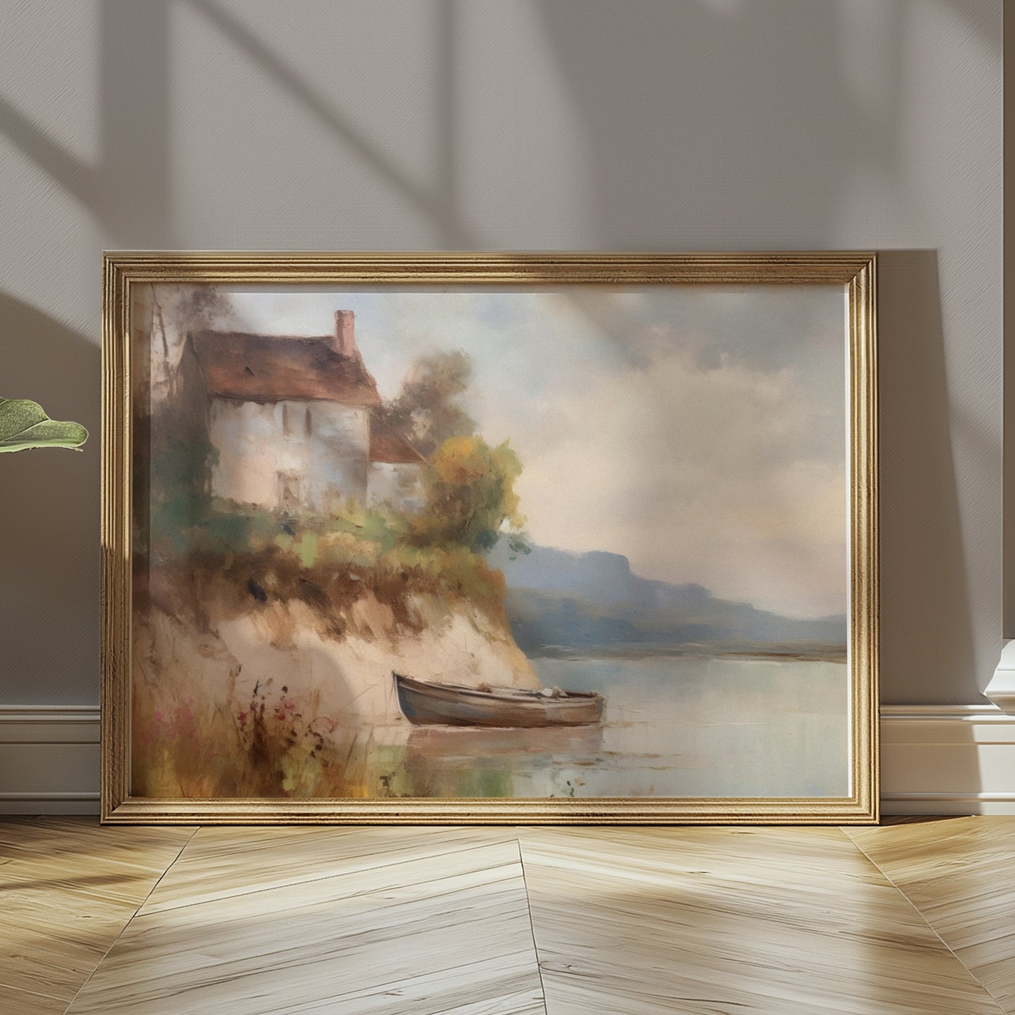 Premium Poster of Serene Lakeside House with Boat Art Posters